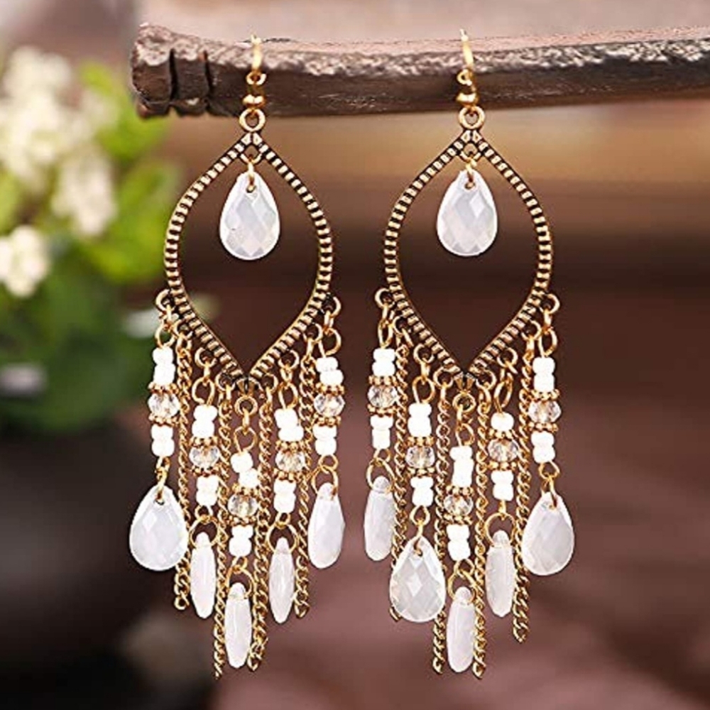 Bohemian Boho White Beaded Dangle Tassel Earrings